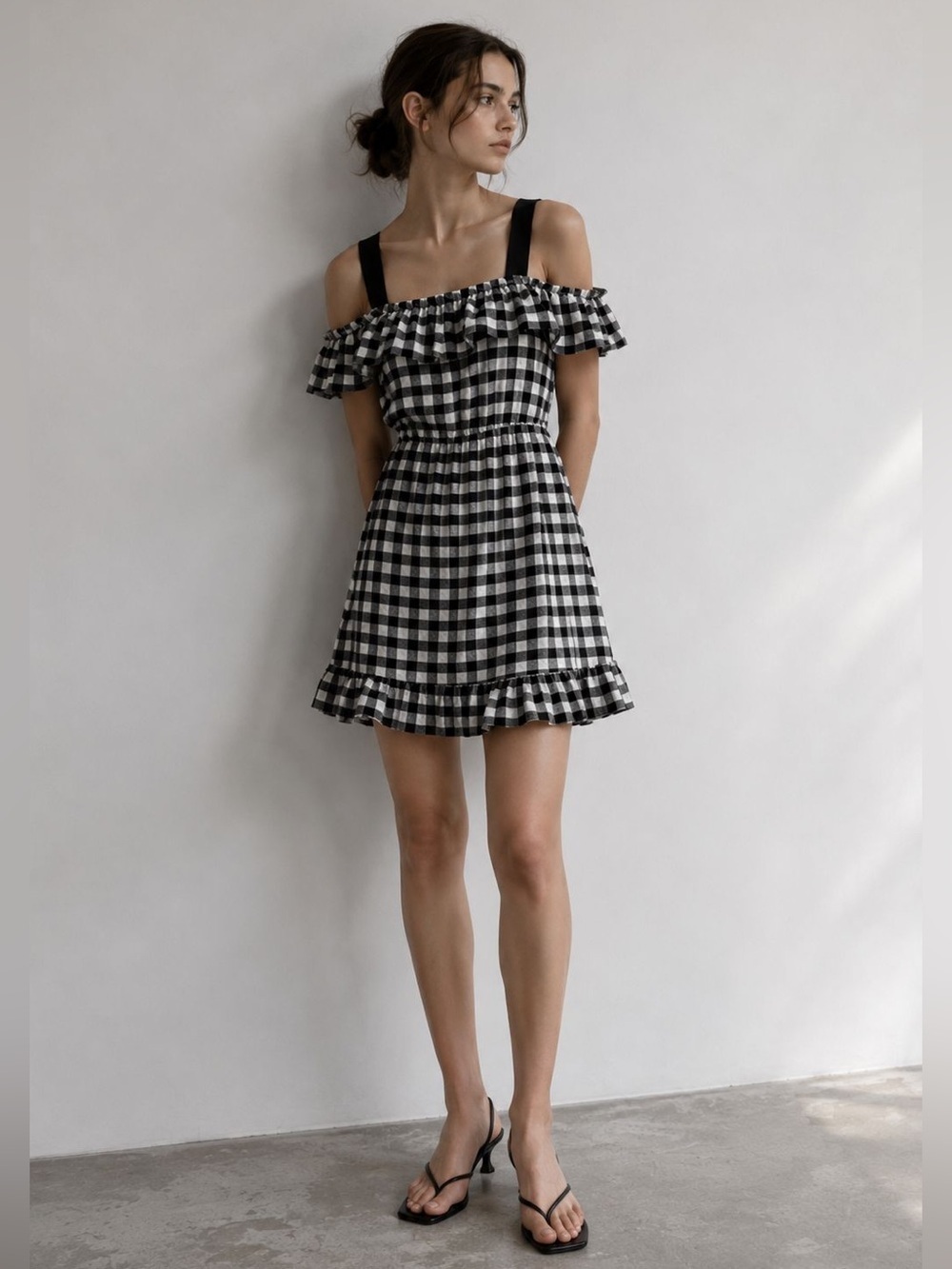 Joe Fresh Gingham Ruffle Strap Dress XS NWT Black White Check Summer Mini